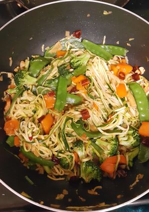 A picture of Asian zucchini noodles stir fry.