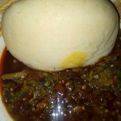 A picture of Semo and okro soup with dry fish.