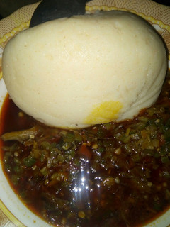 A picture of Semo and okro soup with dry fish.