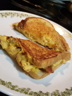 A picture of Leftover Mac 'n' Cheese, Bacon Grilled Cheese Sandwich.
