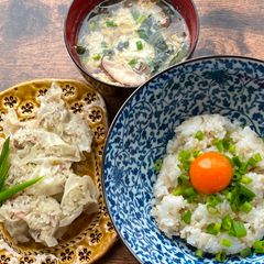 A picture of Japanese Shaomai, Kakitama Soup and Egg Rice for Lunch.