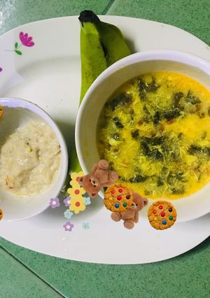 Hình của món Cháo yến mạch -canh trứng rong biển.