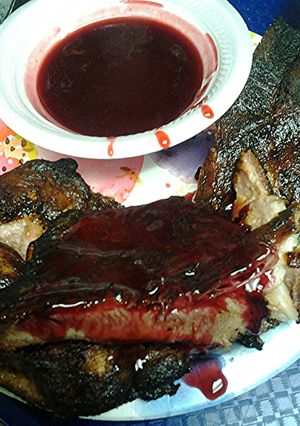 A picture of Pork spareribs with blackberry glaze.