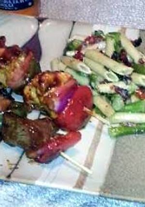A picture of Pasta salad (penne with sauteed sun dried tomatoes, fresh basil, fresh garlic and asparagus).