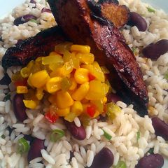 A picture of Vickys Jerk Chicken w Jamaican-Style Rice & Peas, GF DF EF SF NF.