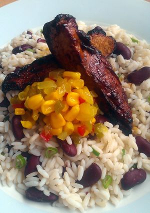 A picture of Vickys Jerk Chicken w Jamaican-Style Rice & Peas, GF DF EF SF NF.