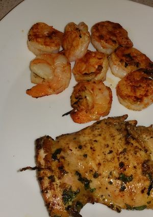 A picture of Cilantro lime chicken with grilled shrimp.