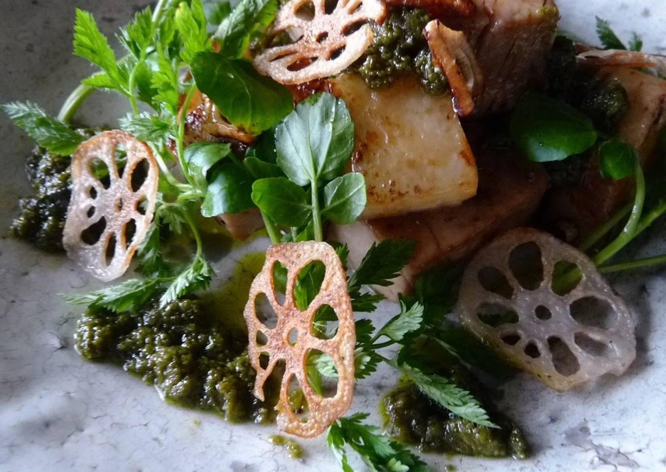 Sauteed Yamaimo with tuna and basil pesto
