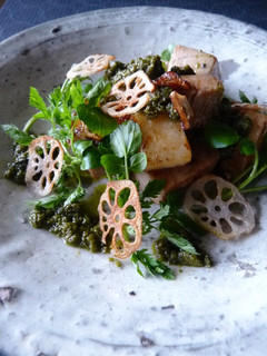 A picture of Sauteed Tuna and Yamaimo with Basil Pesto.