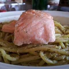 A picture of Salmon On Pesto-Spaghetti Bed.