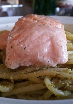 A picture of Salmon On Pesto-Spaghetti Bed.