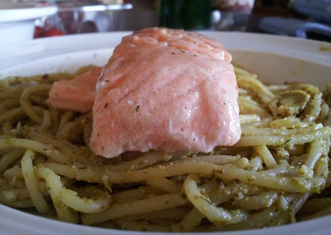 Salmon On Pesto-Spaghetti Bed