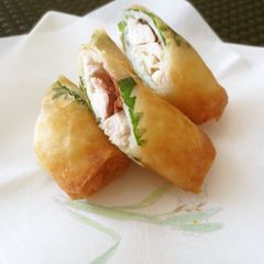 A picture of Spring Rolls Made with Chicken Tenderloins, Umeboshi (Pickled Plum) and Shiso Leaves.