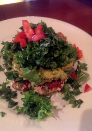 A picture of Micah's chili lime, avacado chicken burgers.
