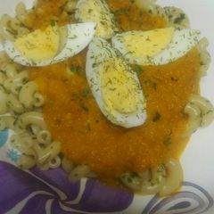 A picture of Roasted Bell Pepper Sauce over Pasta.