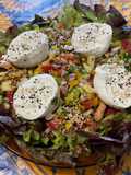Salade composée complète multicolore au poulet et burrata
