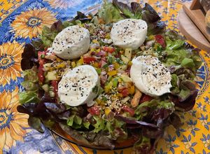 Une photo de Salade composée complète multicolore au poulet et burrata
