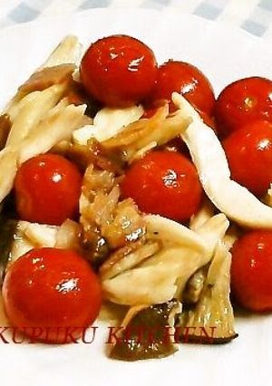 A picture of Bacon, King Oyster Mushrooms and Cherry Tomato Stir-fry.
