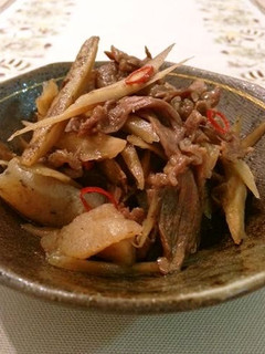 A picture of Simmered Beef and Burdock Root with Konnyaku.