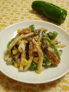 A picture of Chikuwa and Bell Pepper Stir-Fry with Yuzu Pepper and Mayo.