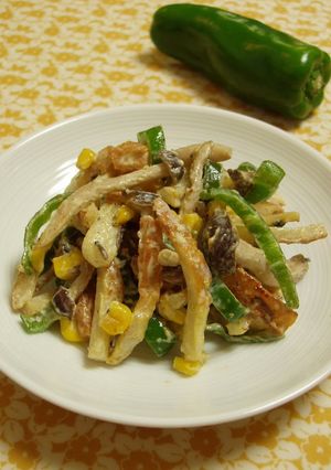 A picture of Chikuwa and Bell Pepper Stir-Fry with Yuzu Pepper and Mayo.