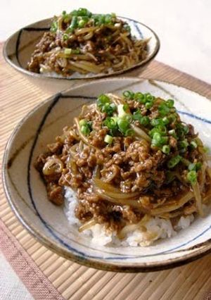 A picture of Rice Bowl with Spicy Bean Sprout and Ground Pork Miso.