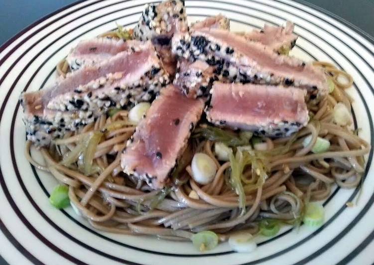 Pan Seared Tuna Steak with Seaweed Salad and Soba Noodles