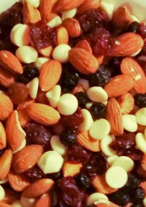 A picture of Red, white and blue trail mix.