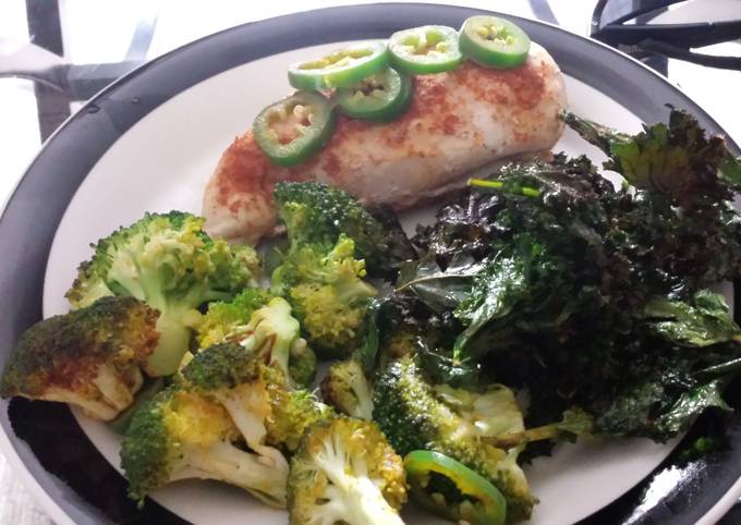 Simple Way to Make Any-night-of-the-week Baked Jalapeño Chicken and Broccoli with Kale Chips