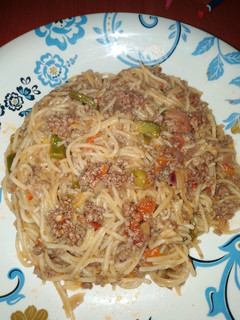 A picture of Minced meat spaghetti.