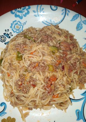 A picture of Minced meat spaghetti.