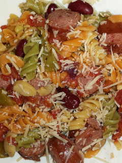A picture of Sausage with Pasta and Beans.