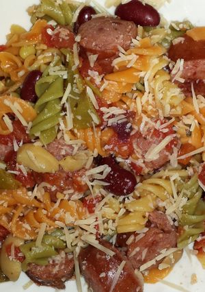 A picture of Sausage with Pasta and Beans.