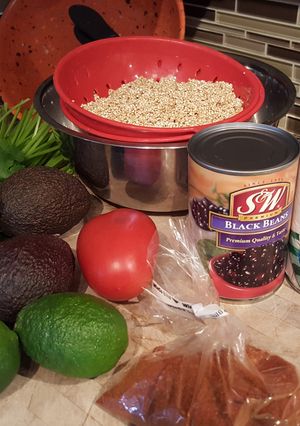A picture of Zesty quinoa salad & chicken tacos.