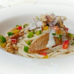 A picture of Blue Cheese Pasta With Sausage And Walnut.