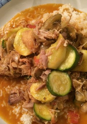 A picture of Crockpot CURRY CHICKEN WITH EGGPLANT AND SUMMER SQUASH.