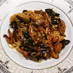 A picture of Eggplant and Mushroom Korean Noodles.