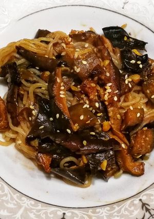 A picture of Eggplant and Mushroom Korean Noodles.