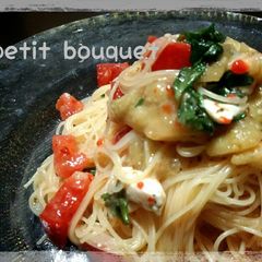 A picture of Chilled Cappellini with Grilled Eggplant and Tomatoes.