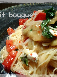 A picture of Chilled Cappellini with Grilled Eggplant and Tomatoes.