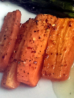 A picture of Sophie's honey chilli roasted carrots.