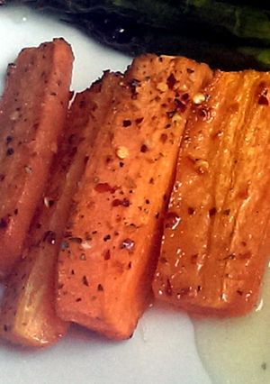 A picture of Sophie's honey chilli roasted carrots.