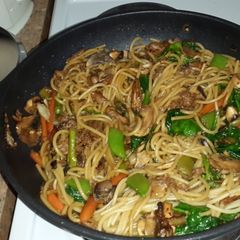 Vegetable stir fry with spaghetti A picture of Vegetable stir fry with spaghetti.