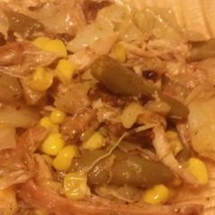 A picture of Leftover BBQ chicken fried soup.