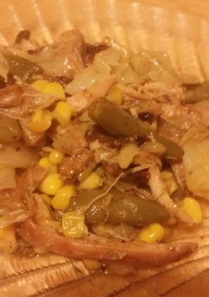 A picture of Leftover BBQ chicken fried soup.