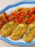 Filetes de caballa y boniato al horno con verduritas pochadas