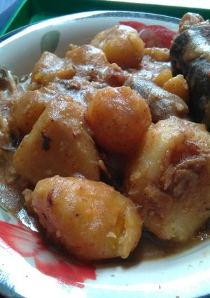 A picture of Ukodo (Goat meat with Yam, Cocoyams and Plantain Pepper soup.