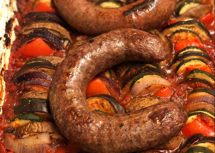 Steps to Prepare Speedy Farm shop wild boar and venison sausages on ratatouille