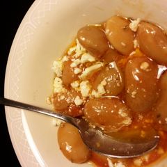 A picture of Greek Favas in tomato sauce Topped w. Feta.