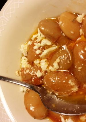 A picture of Greek Favas in tomato sauce Topped w. Feta.